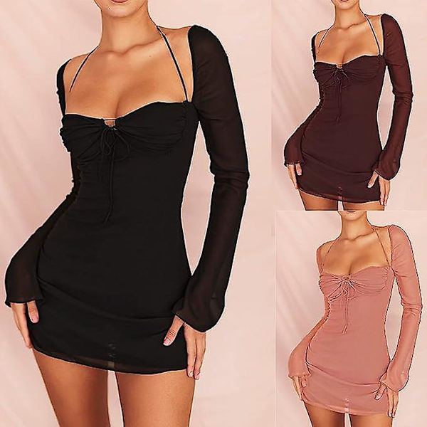 Sexy Low Cut Mesh Langarmet Mini Bodycon Kjole For Kvinner Halter Neck Tie Up Y2k Club Party Night Out Kjoler brown M