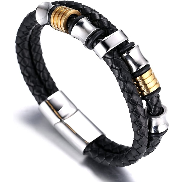 Herrar äkta läderarmband med titanpärlor guld & silver 8.46\"(21.5cm)