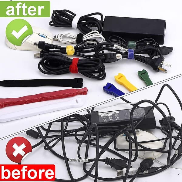 60 stk. Genanvendelige Kabelbindere, Premium Justerbare Kabelstropper Wire Ties, Ledningsvikler Organizer Microfiber Hook Loop Kabelstyring - Assorteret 2 Størrelser Og