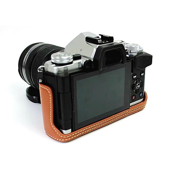 Læder Halv Kamerataske til Olympus E-M5 II/E-M5 Mark II, Beskyttende Cover med Batteriåbning Brown