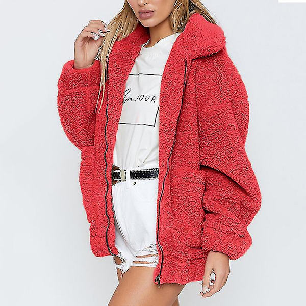 Dame Bjørn Fleece Jakke Frakke Lynlås Overtøj Red M