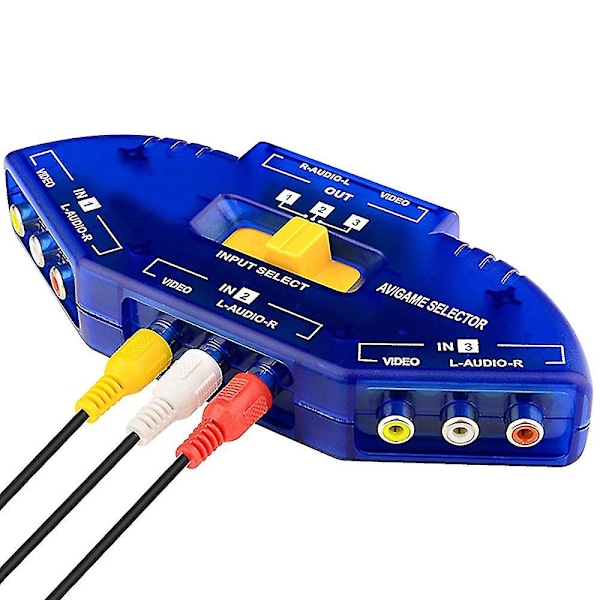 Kompatibel Av-växlare Tv Audio Video Rca Växlare Med 3-vägs Ljud, Video Rca Växellåda + Rca Kabel-blå