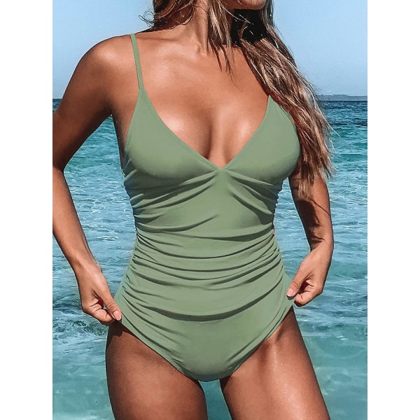 Dame Badedragt Heldragt V-hals Mavekontrol Rynket Front Lav Ryg Army Green XL