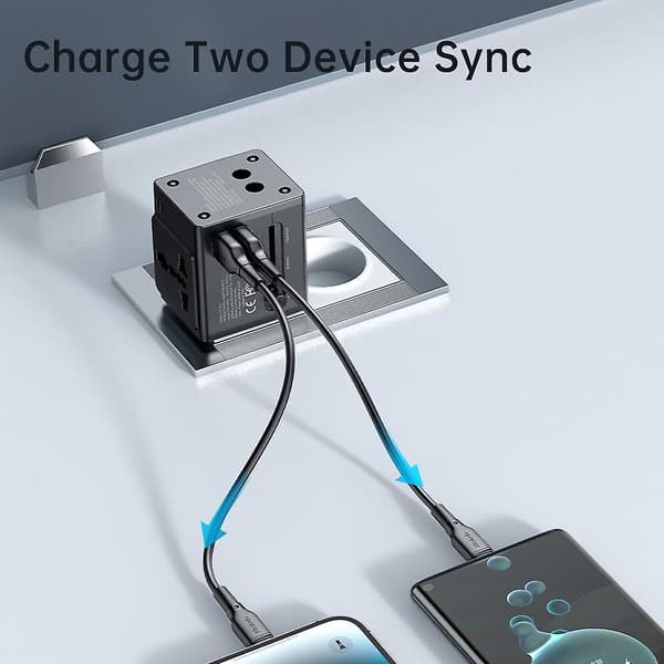 2.1A Universal Rejseadapter 2-i-1 Væglader + Stik med Dobbelt USB-Port (Sort)