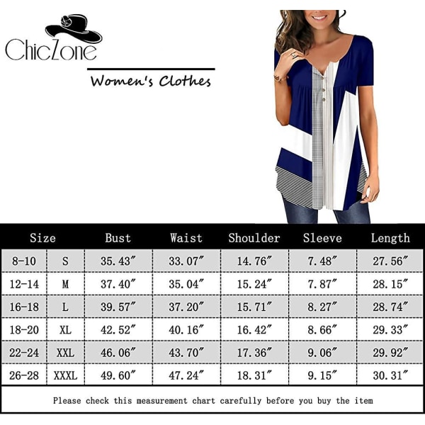 Dame Tunika Topper Ensfarget Plissert V-hals Knapper Bluse Blomstertrykte Damer Blackblue XXL
