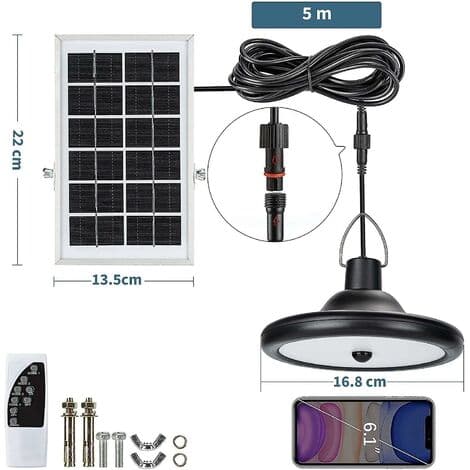 Solcellelampe, 4 moduser, 6 lysstyrkenivåer, med bevegelsessensor, fjernkontroll, varmhvit