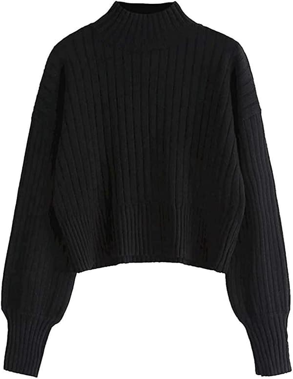 Mock Neck Langermet Ribbestrikket Basic Crop Pullover Genser Dame Svart