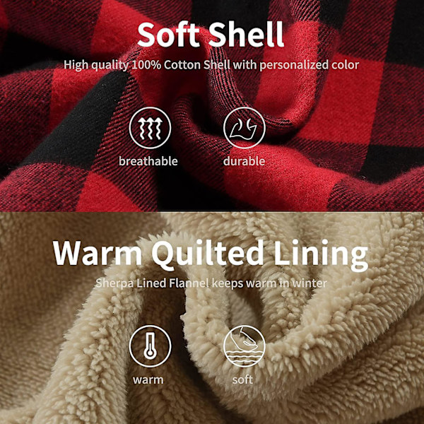 Rutete bomullsjakke for menn, fleeceforet flanellskjorte, Sherpa-jakke med knapper og hette for menn Red 2XL