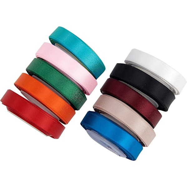 Dubbelsidigt Satängband i Polyester, Enfärgat, 10 Färger, 3/8 tum x 5 Yard Varje, Totalt 50 Yard Per Förpackning, Perfekt för Presentinslagning, Hårsnoddar,