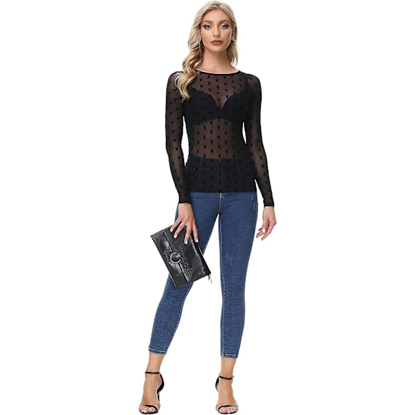 Naisten joustava pyöreäkauluksinen läpinäkyvä seksikäs slim fit -verkkotoppi pitkillä hihoilla Black Print L