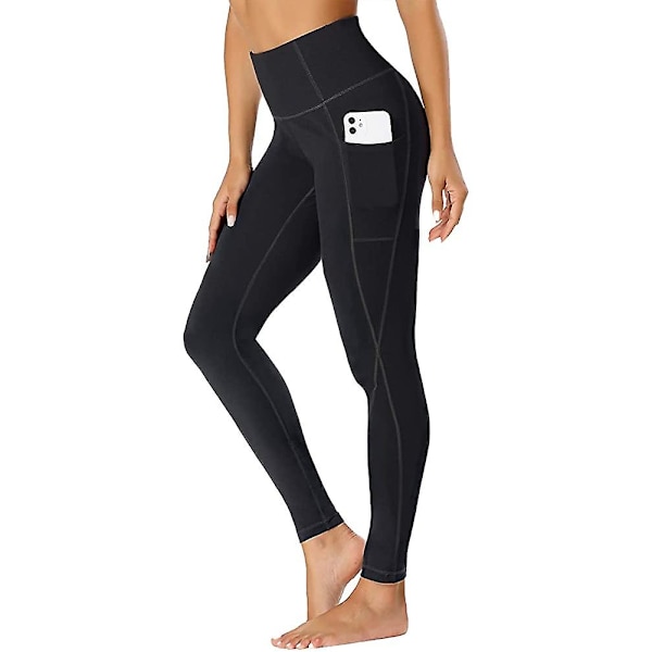 Sportsleggings for kvinner Yogabukser med 2 lommer, Svarte sportsbukser yogabukser