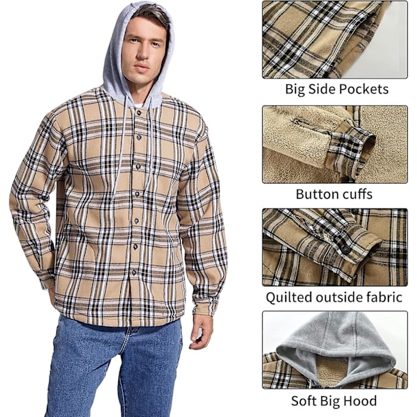 Rutete bomullsjakke for menn, fleeceforet flanellskjorte, Sherpa-jakke med knapper og hette for menn khaki XL