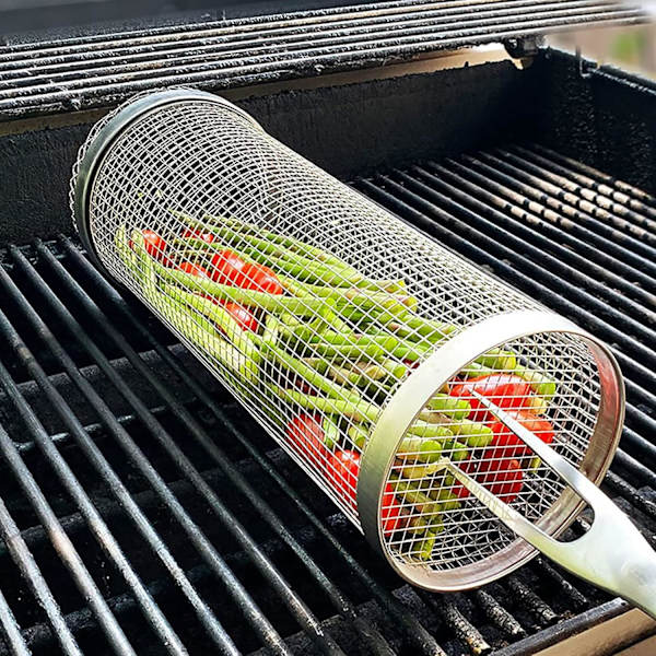 BBQ Rullende Grillkurv, Grillkurv i Rustfritt Stål med Trådnett, Bærbart Utendørs Camping Kokekar for Grønnsaker