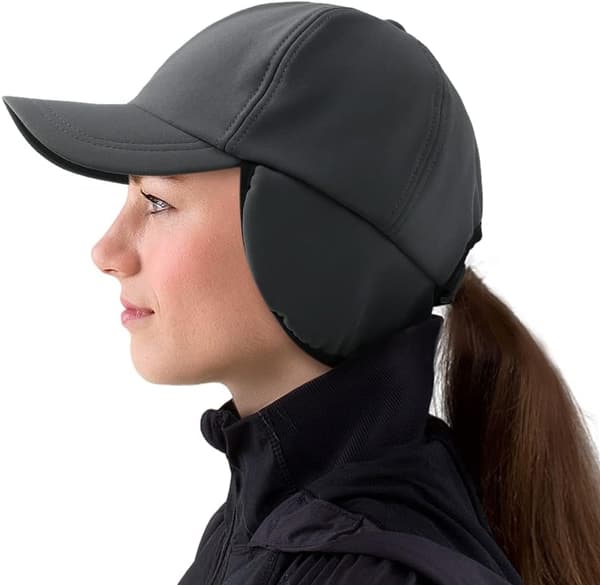 Fleeced Ponytail-lue med øreklaffer for kvinner - Vertikalt Ponytail-hull Vinterlue for alle hårtyper