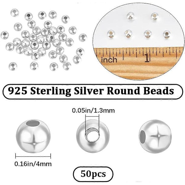 1 Æske 50 Stk 4mm Spacer Perler Sterling Sølv Glatte Runde Store Hul Løse Kugle Perler
