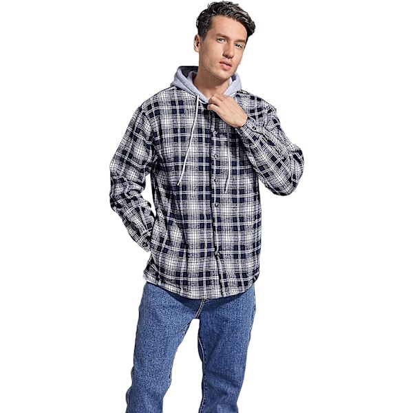 Herre Bomulds Skjortejakke med Plaid Fleeceforing Flanellskjorter Sherpa Knapjakker med Hætte til Mænd Blue XL
