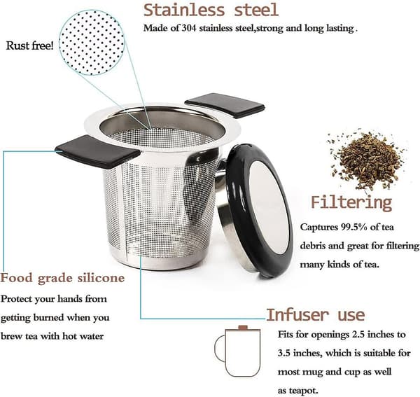 Te-filter i rustfritt stål, te-infuser, te-sil med fine hull, silikonhåndtak og lokk (svart)