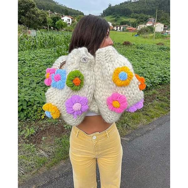 Damer i överdimensionerad lyktärm Blomma Jordgubbskabelstickad Lös mysig koftatröjor med öppen framsida Crop Chunky Knitwear M