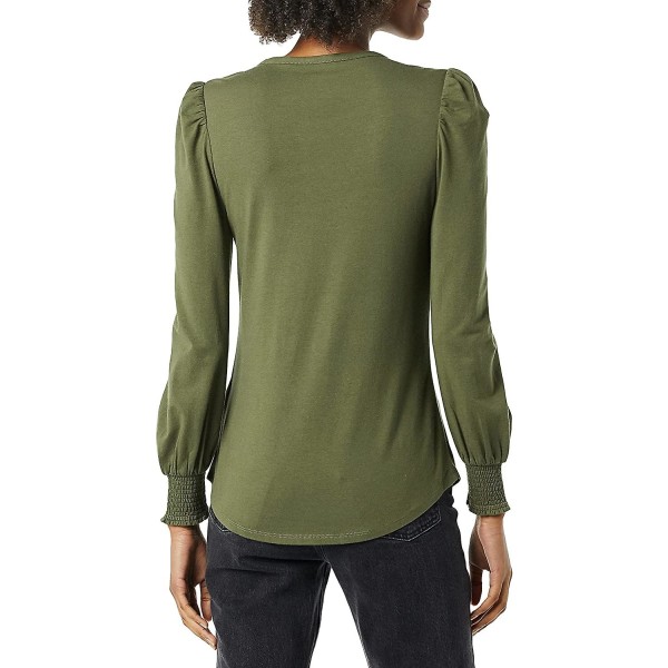 Kvinnors långärmad T-shirt med rund halsringning och smockad manschett Olive XXL