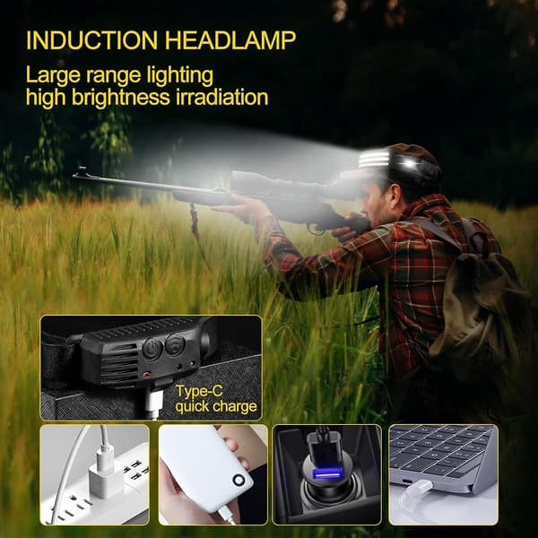Oppladbar LED Hodelykt, 230 Bred Lysstråle Hodelykt med Bevegelsessensor & Hvite Røde Gule Lysstriper, 10 Lysmoduser (1 stk)