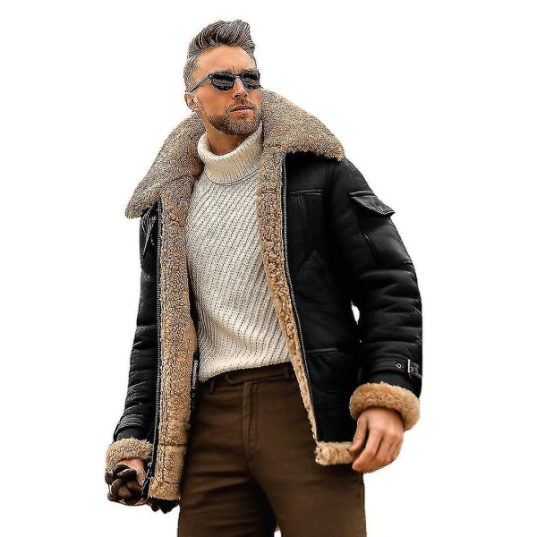 Män Vinter Shearling Jacka Päls Varm Kappa Tjock Läder Bomber Jacka Ytterkläder Hög kvalitet black L