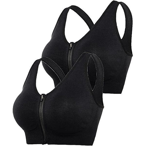 2 stk. Sports-BH med lynlås foran, Post Surgery BH, Yoga BH, Trænings Fitness Activewear Polstrede BH'er til kvinder Black M