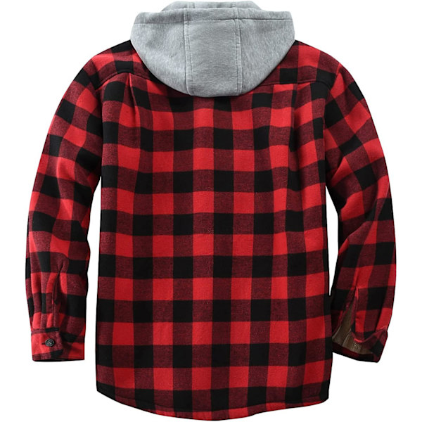 Rutete bomullsjakke for menn, fleeceforet flanellskjorte, Sherpa-jakke med knapper og hette for menn Red XL