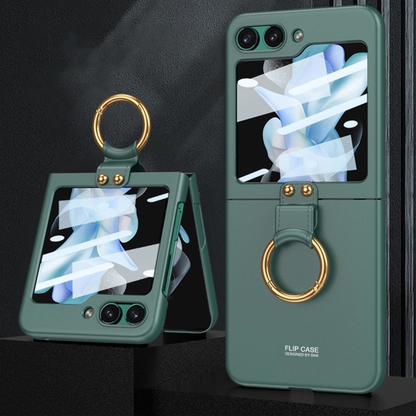 Case kompatibelt med Samsung Galaxy Z Flip 5, hårt PC Slim Cover med ringhållare & yttre skärmhärdad film Green For Galaxy Z Flip 5