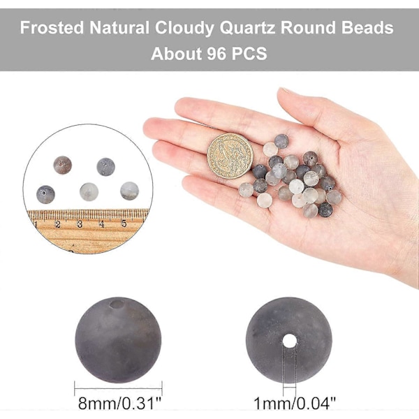 Omkring 96 stk. 8 mm frostede naturstensperler, naturlige overskyede kvarts runde perler, ædelstens løse perler til armbånd, halskæde, smykkefremstilling (hul: 1 mm)
