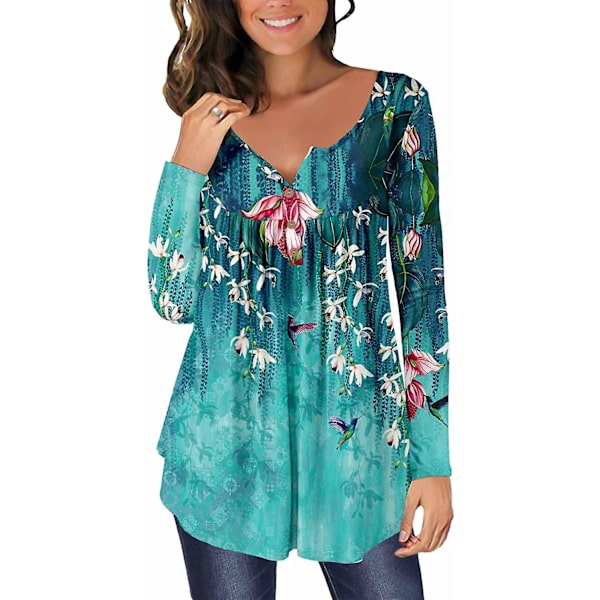 Dame Tunika Topper Ensfarget Plissert V-hals Knapper Bluse Blomstertrykte Damer Vinblack M