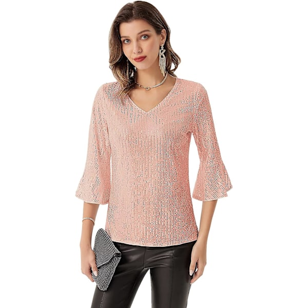 Kvinnor Glittrande Paljett Tank T-shirt 3/4 Puffärm V-ringad Blus Topp Pink Gold XXL