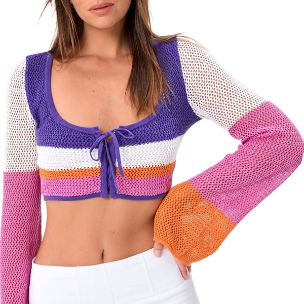 Dame Hul Ud Hæklet Strik Trøje Crop Tops Langærmet Trøje Cropped Style 11 S