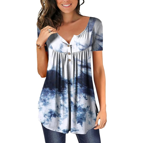Dame Casual Bluser Toppe Løse Plisserede Blomstrede Tunika Skjorter Til Kvinder UK V-Hals S-ink Painting S