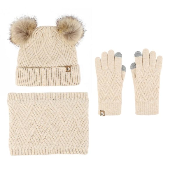 Varm stickad mössa halsduk handskar tredelad set plus fluffiga bollar mössa tredelad set Beige three-piece set