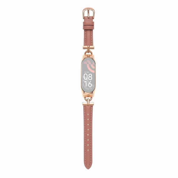 Läderarmband för Xiaomi Mi Band 7, armband med D-formad metallkontakt Rose Gold Deep Pink