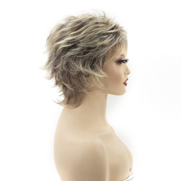 Korta blonda nisseskurna peruker för vita kvinnor Mörkbrun Ombre Blont syntetiskt hår peruker Naturligt utseende peruk
