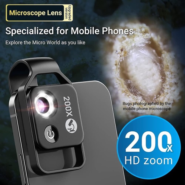 Telefonkamera Lensmikroskoplins med CPL-lins, 200x telefon minificka mikro med ledljus för de flesta Iphone Android-smarttelefoner, lämplig för Science Ed