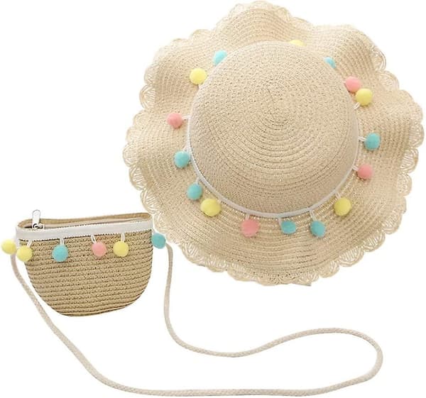 Ruffled Straw Hat Och Liten Väska Set Flickor Sommar För Semester Resor Utomhusaktiviteter (rosa)