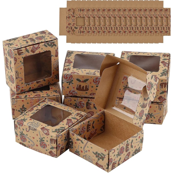 24 mini tårta lådor 8x8x4 cm Kraft tårta box med fönster Julkaka Box Enkel Cupcake Box Liten bageri box Mini julklappsförpackning box för C
