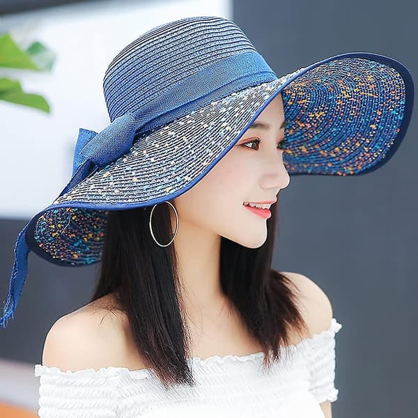 Solhat til kvinder med bred skygge, stor sløjfe, stråhat, foldebar floppy hat, sommer UV-beskyttelse UPF50+ strandhat