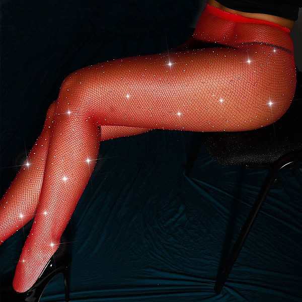 Kvinnors höga midja mönstrade fisknät tights hängslen strumpbyxor lårhöga Red One Size