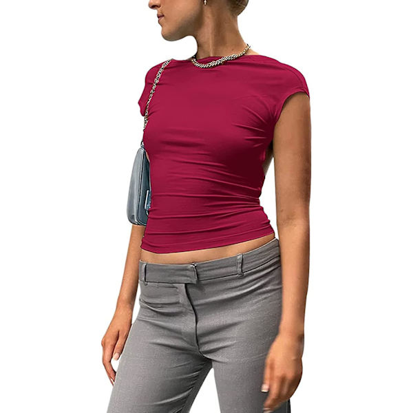 Dame Sexet Top med Udskæring i Ryggen Kortærmet T-shirt Y2k Mode Skjorter Burgundy M