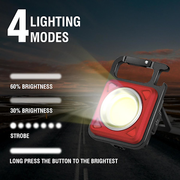 COB Liten Ficklampa 4 Lägen Laddningsbar Nyckelring Ficklampa med Fällbart Fäste Flasköppnare Red