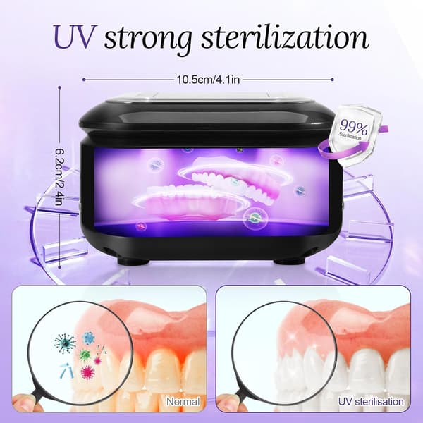 Ultralydsrenser til proteser, 42kHz UV-renser, 180 ml renser, briller, 2 tilstande 180/360 sekunder til proteser, aligners