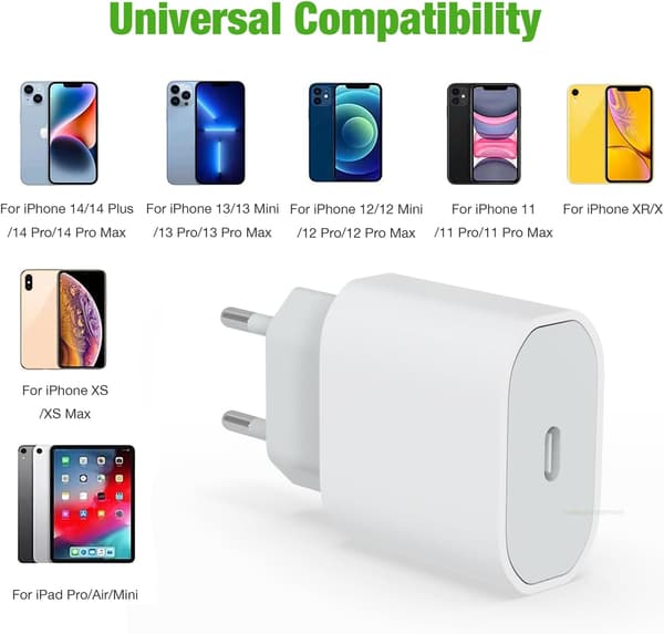 20W USB C Hurtigoplader, MFi-certificeret iPhone-oplader/opladerkabel, strømforsyning, PD-hurtigopladningskabel, USB C til Lightning