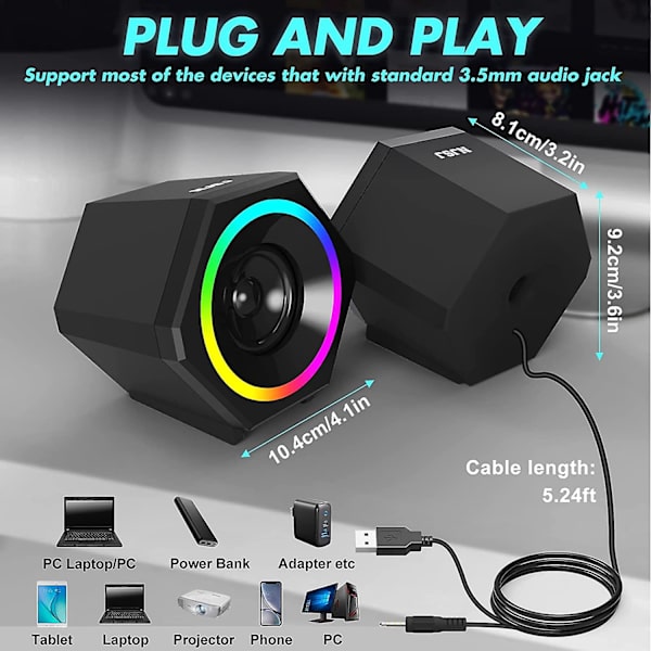 Datorhögtalare 10w Gaming PC-högtalare USB-drivna med förbättrad bas, regnbåge