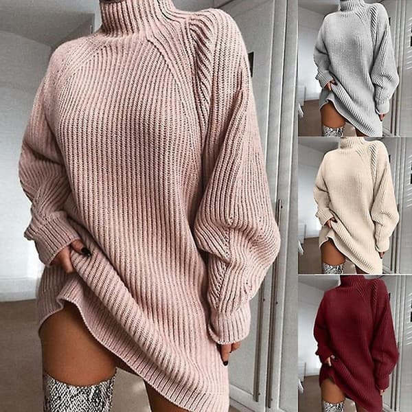 2023 års stickad midilång raglanärm mock neck tröjklänning Light gray M