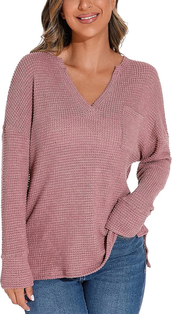 Acsergery V-hals Vaffelstrikket Langærmet Pullover Sweater Bluser Gave til Kvinder