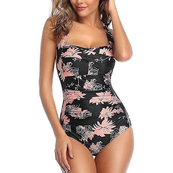One Piece Baddräkt för kvinnor Retro Ruched Baddräkter Halter Neck Enfärgad 08 orange L