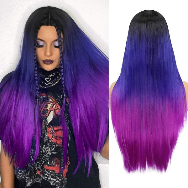 Regnbågsperuker för kvinnor svart till blå till lila långa raka färgade ombre hårperuker Syntetisk värmebeständig fiber cosplay peruk för flickor